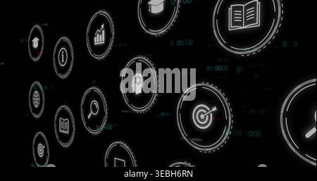 Floating glowing HUD icon cluster pulsing in dark void, showing book target search chart globe Stock Photo