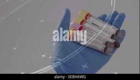 Blue nitrile gloved hand holding four MONKEYPOX VIRUS tubes in clinical lab, showing colored caps Stock Photo