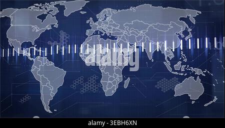 Displaying world map on dark blue HUD, showing vertical bars, hexagon dots and nodes Stock Photo