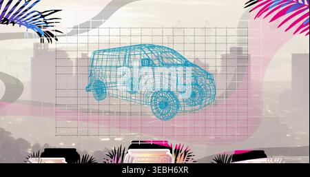 Showing cyan wireframe van hovering over grid in collage, with skyline and pink purple bands Stock Photo