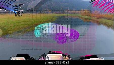 Hovering neon wireframe 3D car floating above pond in riverside meadow, with grid and UI panels Stock Photo