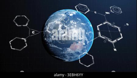 Floating Earth globe showing clouds and lands in navy grid space, with wireframe chemical diagrams Stock Photo