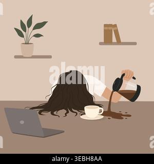 Exhausted Woman Spilling Coffee At Desk Stock Vector