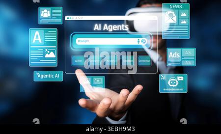 Engaging Virtual Reality Interface Featuring AI Agents, Interactive Tools, and Digital Media Representation in Futuristic Environment Sigmoid Stock Photo