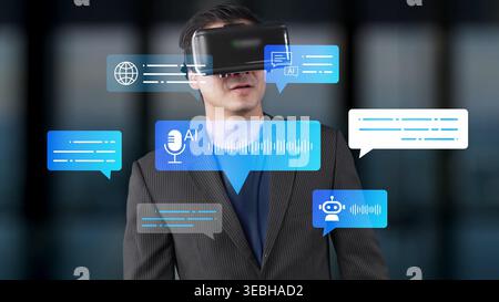 Person Using Virtual Reality Headset Surrounded by Speech Bubbles with Communication Icons Representing Technology and Innovation in Modern Lifestyle Stock Photo