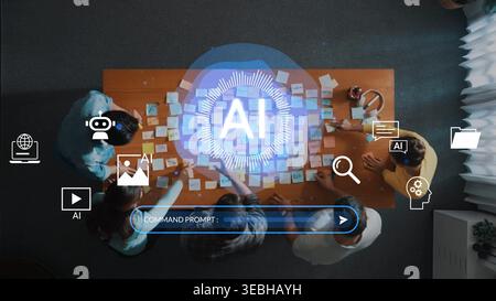 Collaborative Brainstorming Session with Sticky Notes and AI Concept at Wooden Table in Modern Office Environment Gluon. Stock Photo