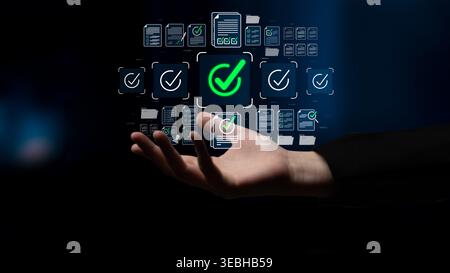 Futuristic Hand Reaching for Digital Checkmark Symbols Representing Approval and Verification in Technology and Business Contexts Sigmoid Stock Photo