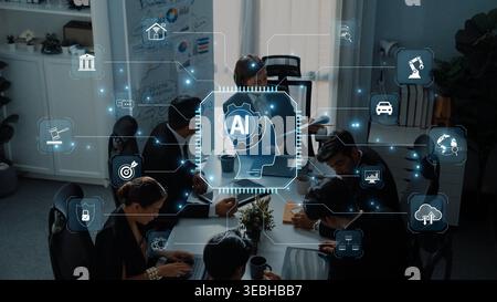 A diverse business team engages in a collaborative meeting, exploring artificial intelligence concepts with visual icons, showcasing a modern office Stock Photo
