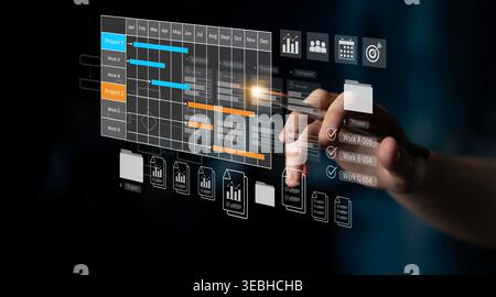 Digital visualization of multiple project timelines with progress tracking, documents, and team collaboration symbols Parse Stock Photo