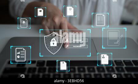 Secure Password Input and Data Protection Concept with Lock Symbol on Laptop for Cybersecurity Awareness and Digital Safety Quark. Stock Photo