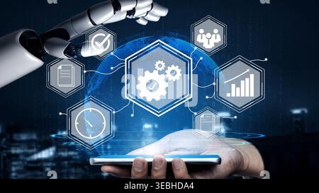Futuristic robotic hand interacting with digital interface showcasing technology, automation, data analytics, and smart device applications in a Stock Photo