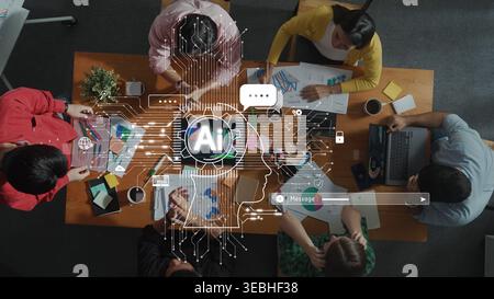 A diverse team collaborates on AI projects in a modern office. The image captures brainstorming sessions filled with creativity, technology, and Stock Photo
