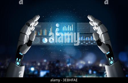 Robotic hands engage with advanced digital displays featuring diverse graphs and analytics against a stunning night cityscape, symbolizing innovation Stock Photo