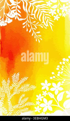 Watercolor yellow background with delicate white flowers around the perimeter . Hand drawn. Not AI, vector illustration. Stock Vector