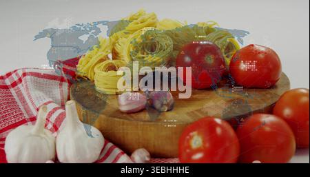 Displaying wooden cutting board with egg pasta nests, tomatoes, garlic, map HUD overlay Stock Photo