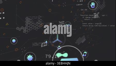 Displaying abstract digital cluster pulsing on dark dashboard, with CO2 label, hexagons, code Stock Photo