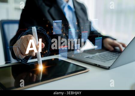 Futuristic software development concept featuring AI pair programmer, automated AI code generation, and real-time AI debugging. Ideal for DevOps and Stock Photo