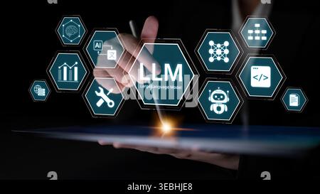 Large Language Model LLM processing data. Represents deep text learning, natural language processing NLP AI tech, transformer architecture, and Stock Photo