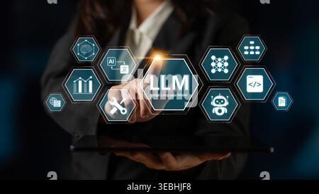 Large Language Model LLM processing data. Represents deep text learning, natural language processing NLP AI tech, transformer architecture, and Stock Photo