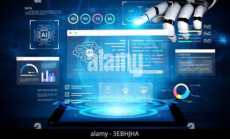 Futuristic Digital Display with AI Concepts, Data Analysis Charts, Robotic Hand, Innovative Technology Interface, and Modern User Interaction Gluon. Stock Photo
