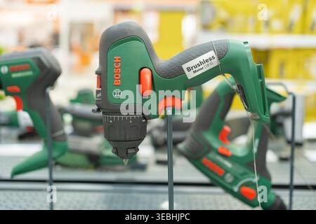 Bad Hersfeld, Germany, 04.21.2026: Close-up of cordless power drill displayed in hardware store. Professional tools for construction and home Stock Photo