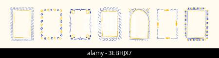 Set of summer Mediterranean blue and yellow hand drawn doodle crayon, chalk, pencil, charcoal frames. Italian la dolce vita. Greek key pattern ancient Stock Vector
