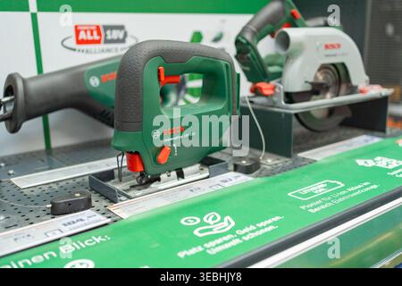 Bad Hersfeld, Germany, 04.21.2026: Electric cutting tools including circular saws displayed in hardware store. Equipment for construction, woodworking Stock Photo