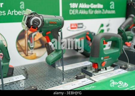 Bad Hersfeld, Germany, 04.21.2026: Assorted electric tools displayed in hardware store for DIY and professional use. Equipment for construction Stock Photo