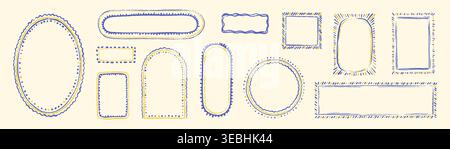 Summer blue and yellow crayon frame set. Hand drawn oval, circle, round, rectangle, square hand drawn mosaic Mediterranean style boarder. Coastal penc Stock Vector