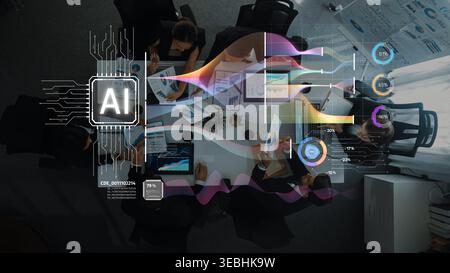 Overhead view of a business meeting focused on AI technology. Professionals collaborate while analyzing data visuals, showcasing innovation and Stock Photo