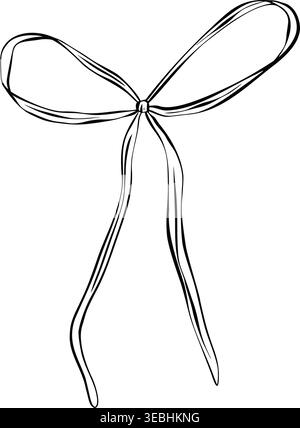 Black and white line art illustration of decorative ribbon bow. Minimal outline drawing in flat vector style, isolated composition for gift design Stock Vector