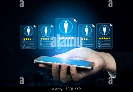 Hand Holding Smartphone With Digital Interface Showing User Profiles And Ratings In Futuristic Setting For Technology Concept Sigmoid Stock Photo