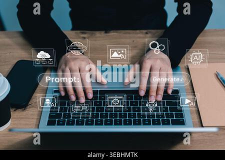 AI prompt and generative workflow automation concept. Person using laptop with prompt, generate, chatbot input, coding, voice, image, AI tool icons. s Stock Photo