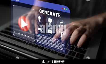 Hands typing on laptop keyboard while utilizing video editing software with various digital tools including music, images, and text generation Stock Photo