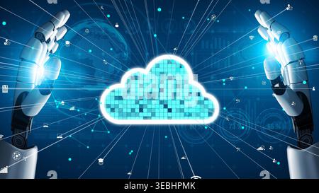This image features robotic hands reaching toward a digital cloud, emphasizing the connection between technology and data. It illustrates advanced Stock Photo