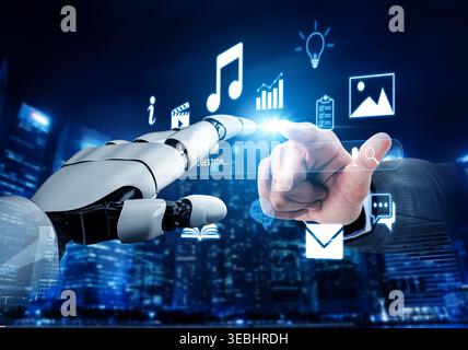 Futuristic Interaction Between Human Hand and Robotic Hand with Digital Interface Elements in Urban Background Quark. Stock Photo