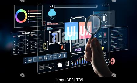 Digital Interface Design with Magnifying Glass, UI and UX Elements, Data Visualization, User Experience Trends and Insights in 2027 Fluxor. Stock Photo