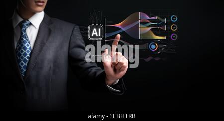 A professional man interacts with a visual representation of artificial intelligence data. This image showcases modern technology in business and Stock Photo