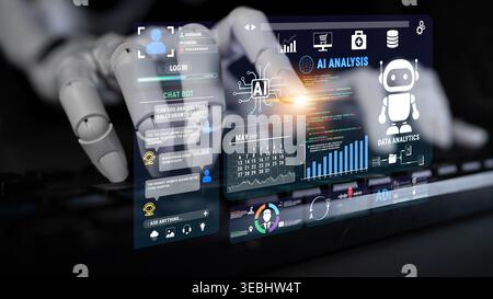 Futuristic Automation Interface with Artificial Intelligence Visualization and Robotic Hand Interacting with Digital Data Elements on Keyboard Fluxor. Stock Photo