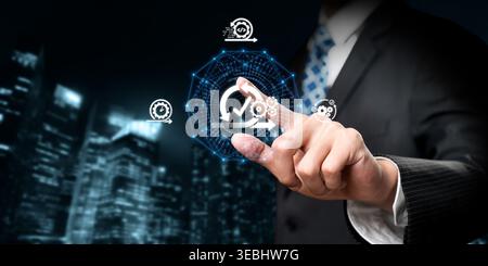 A business professional interacts with digital representations of agile methodology and AI in a modern urban setting, showcasing innovative concepts Stock Photo