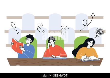 Students sit in classroom, reading and writing, gaining new knowledge. Doodle vector illustration. Learning, and academic content Stock Vector
