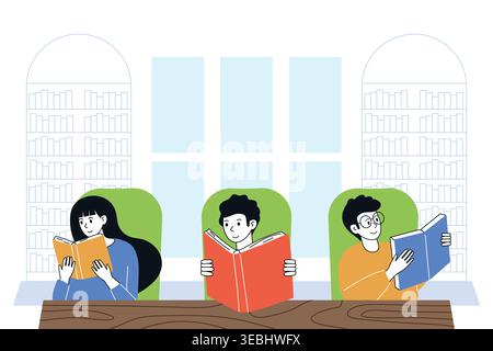 Library. Young students interested read literature against background of bookshelves. Doodle vector illustration for Education Stock Vector