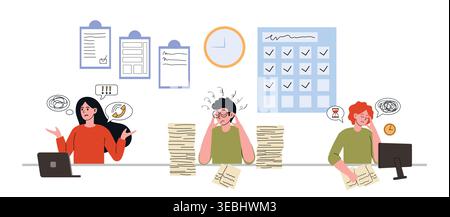 Stress in office. Lack of time. Doodle vector illustration. Suitable for burnout, multitasking, and workplace pressure content Stock Vector
