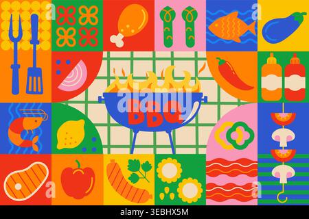 Geometric BBQ flyer. Summer Barbecue weekend event. Design template for barbeque menu, poster, invitation banner, announcement. Grilled delicious steak after cooking outdoor. Vector illustration. Stock Vector
