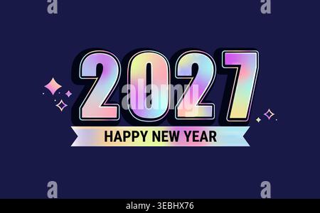 Celebrating 2027 New Year. Elegant card for event with holographic numbers on blue background with stars. Template design for seasonal holidays flyers, poster, web, presentations. Vector illustration Stock Vector