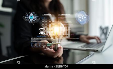 Innovative Technology and Artificial Intelligence Concept Demonstrated by a Business Professional with Lightbulb and Data Visualization Fluxor. Stock Photo