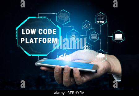 Hand Holding Smartphone with Low Code Platform Concept and Digital Icons for Business and Technology Innovation Quark. Stock Photo
