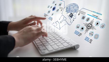 Hands typing on keyboard with digital brain graphic and data analysis icons showcasing artificial intelligence technology and data processing concepts Stock Photo