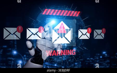 A futuristic robot hand reaches toward a digital email interface displaying warning symbols, emphasizing the importance of alerts in communication Stock Photo