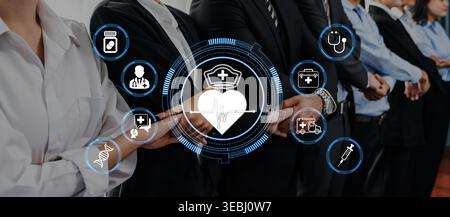 Professional Healthcare Team Collaborating on Patient Care with Digital Health Icons Representing Medical Services and Unity in a Clinical Environment Stock Photo
